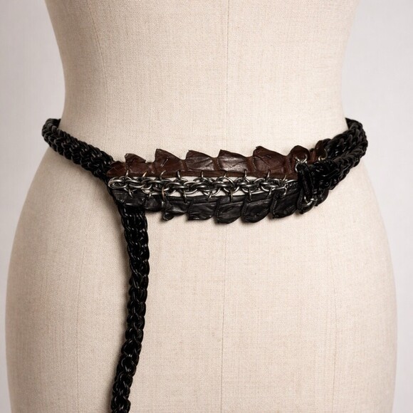 Avant Garde Braided Leather statement Belt Women Black Brown Croc edgy vintage main image 5